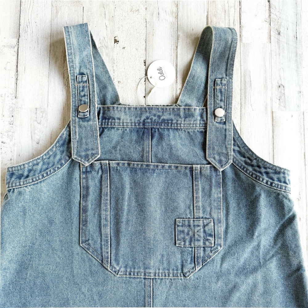 NWT Oddi Los Angeles Blue Denim Overall Dress Light Med Wash Mini Pinafore Sz S - Picture 2 of 13